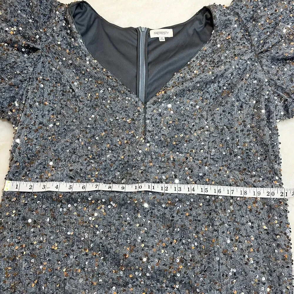 Faeriesty Silver Gray Sequin Formal Gown Bodycon Oversized Ruffle Sleeves Sz 3XL - Picture 11 of 12